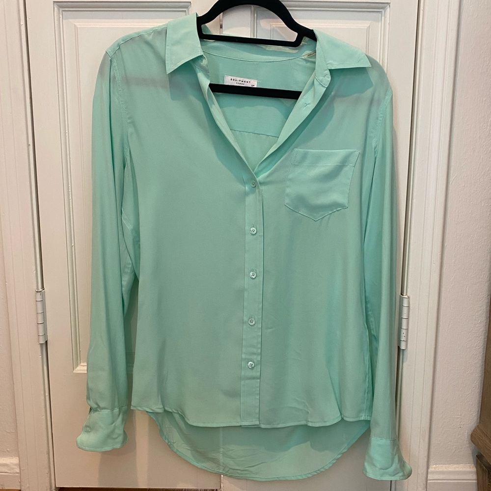Equipment- Femme signature button down blouse in sea foam green. Size S/P
